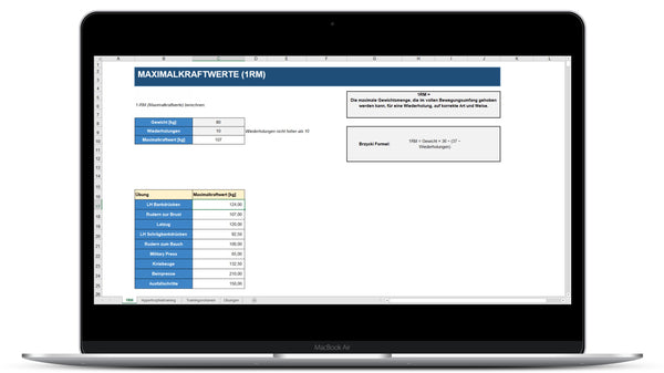 Maximalkraftwerte (1RM) bei Fitnessübungen I Excel Vorlage I Excelpedia.