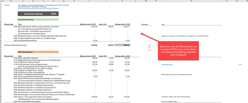 Einnahmen-Ausgaben-Rechner für Selbstständige (TESTVERSION) Excel Vorlage von Excelpedia